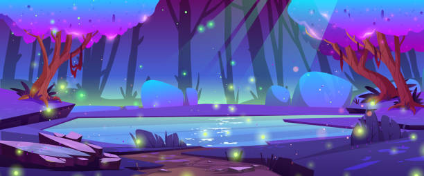 istock Night magic forest woods with mystic swamp cartoon 1678257339