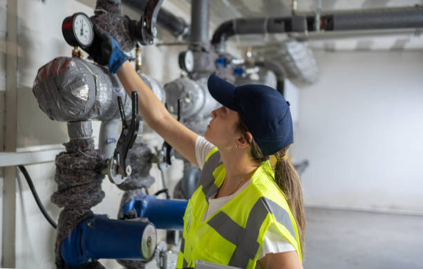 kobieta inżynier sprawdzający system kotła w piwnicy - plumber thermostat repairing engineer zdjęcia i obrazy z banku zdjęć