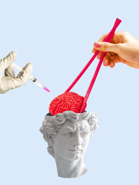 istock Ancient statue bust with open head and hand with chopsticks holding it's brain and hand with syringe. 1678261974