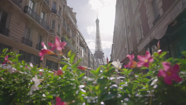 Looking Up On Eiffel Tower From Parisian Street Between The Apartments and flowers In Paris, France