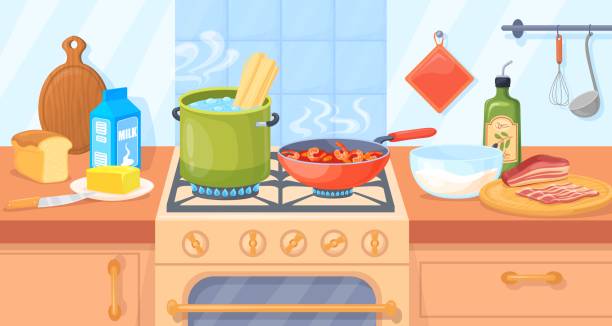 ilustrações, clipart, desenhos animados e ícones de ferver alimentos no fogão. ferva a refeição na panela da tampa na cozinha interna do fogão a gás, na caçarola do espaguete da sopa de cozinha e refogue para o jantar da cozinha caseira, ilustração vetorial dos desenhos animados - saucepan fire steam soup