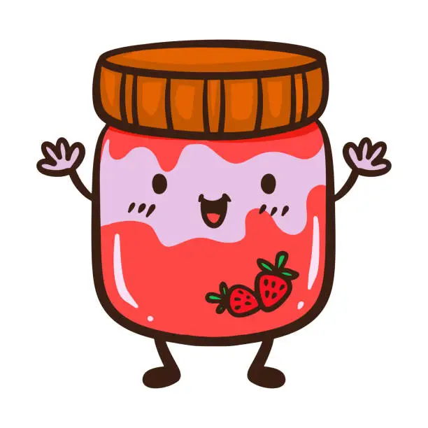 Vector illustration of Cartoon cute strawberry jam jar with happy face isolated on white