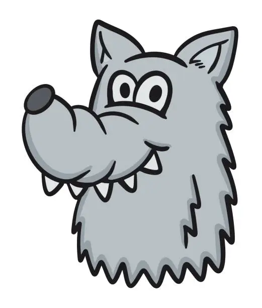 Vector illustration of Cartoon funny wolf head with sharp toothy smiling face isolated on white