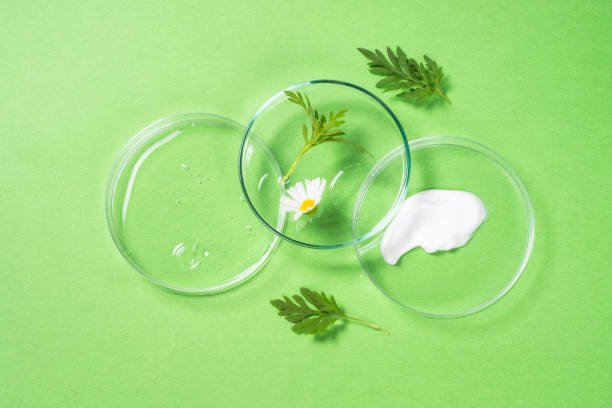 istock Cosmetic laboratory concept at green background top view. 1678315630