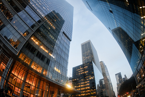 Corporate Buildings - Brookfield Place, World Financial Center and One World Trade Center - Low Angle View, Looking Up at Skyscrapers