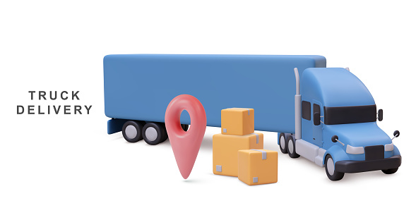 3d realistic delivery truck with box cargo on white background.