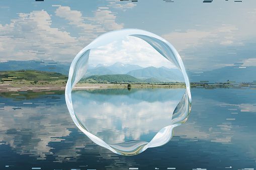 Circular gateway to beautiful lake, metaverse concept, 3d render and photography collages.