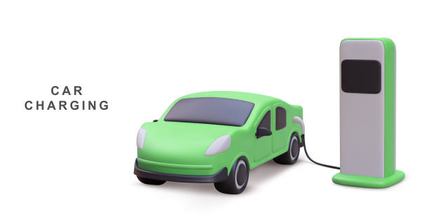 istock 3d realistic Electric car on charging station. Home charger station, battery charging. Vector illustration. 1678337545