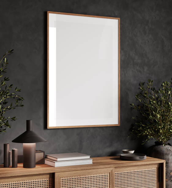 istock Mock up frame in stylish dark home interior background, living room with minimal decor, 3d render 1678343923