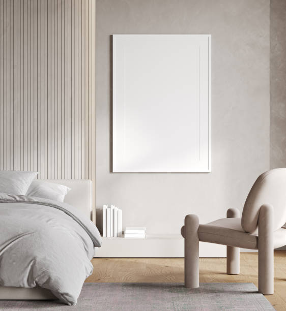 istock Blank poster frame mockup in modern bedroom interior background on beige wall, 3d rendering 1678343940
