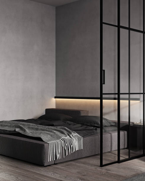 istock Dark bedroom interior with gray wall, stylish bed, wall light and partition, 3d render 1678344483