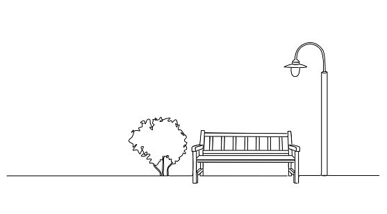 continuous single line drawing of bench and lantern in public park, line art vector illustration