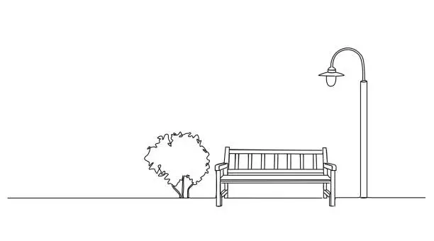 Vector illustration of single line drawing of bench and lantern in public park