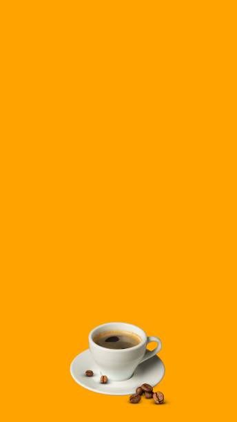 istock Cup with delicious, aromatic, black coffee, americano with fresh beans isolated on orange background. Flyer 1678351730