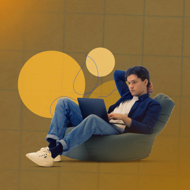 istock Young guy, employee, freelancer sitting and working on laptop with thoughtful face. Tangled tasks. Contemporary art collage. 1678384580