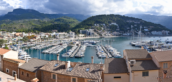 Port de Soller, Mallorca, Spain - 11 Nov 2022: Harbour views in the bay of Port de Soller