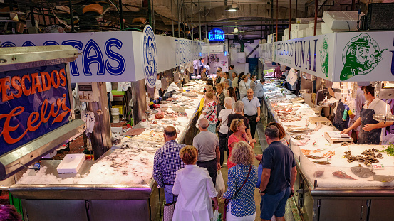 Santander, Spain - 31 Oct, 2022: Fresh fish & seafood on sale in the Mercado de la Esperanza, Santander, Cantabria