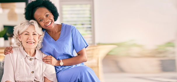 Happy, woman and a caregiver for home salon, healthcare or medical support with mockup space. Smile, career and portrait of an African nurse with a senior patient for helping in a house and service