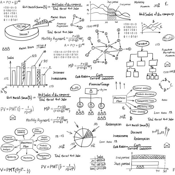 손으로 그린 어두운 금융 원활한 패턴 - formula finance mathematics mathematical symbol stock illustrations