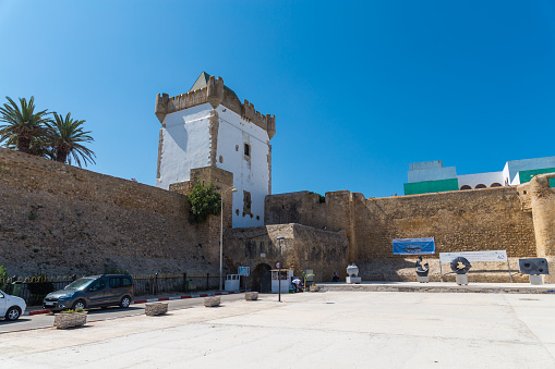 Asilah, Morocco - September 7th 2018 : Asilah, Morocco - September 7th 2018 : low angle view of a historical fortress in old medina