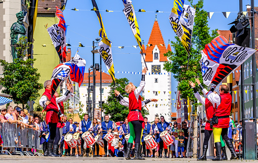 Mindelheim, Germany - June 25: Participants in historical costumes at the medieval parade (Frundsbergfest), which takes place every three years in the old town of Mindelheim on June 25, 2023