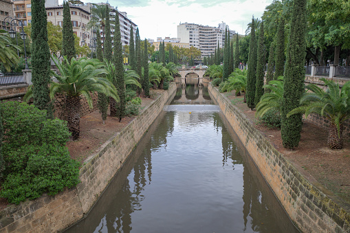 Palma, Spain - 10 Nov, 2022: Views along the Torente de la Rierra river, Palma de Mallorca