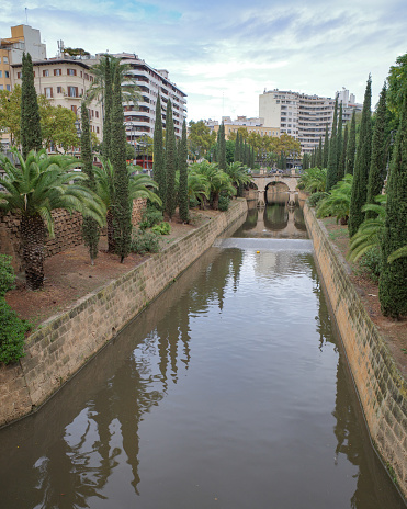 Palma, Spain - 10 Nov, 2022: Views along the Torente de la Rierra river, Palma de Mallorca