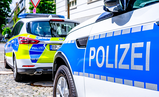 Munich, Germany - July 6: typical german police car at the old town of Munich on July 6, 2023
