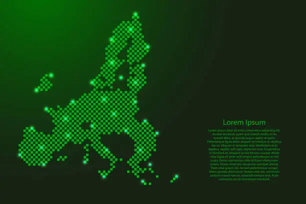 Vector illustration of European Union countries map map from futuristic green checkered square grid pattern and glowing stars for banner, poster, greeting card