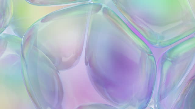 Abstract holographic floating liquid blobs, soap bubbles background.