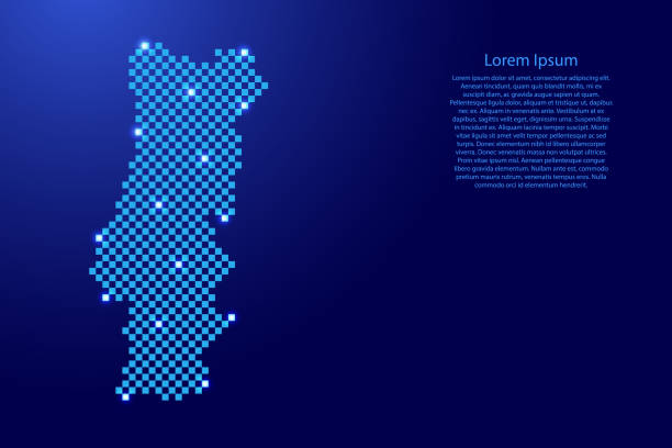 포르투갈 지도는 미래 지향적인 파란색 체크 무늬 사각형 격자 패턴과 배너, 포스터, 인사말 카드에 빛나는 별을 만듭니다 - chart star shape square shape symbol stock illustrations
