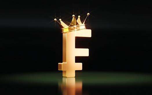 3d render Sitting King Crown Swiss Franc Sign on Green Background (Depth of field)