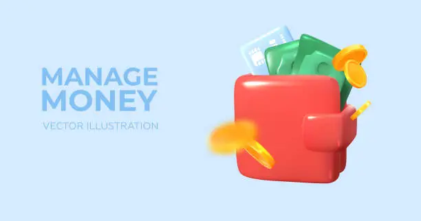 Vector illustration of Manage money. Wallet with credit card and money