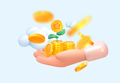 Hand holds gold coins with sprout. Maintaining and growing income or profit. In 3D style. Vector illustration
