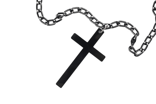Black christian cross with chain on white background