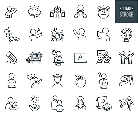 A set of elementary school education icons that include editable strokes or outlines using the EPS vector file. The icons include an elementary teacher teaching from the chalkboard, thinking brain, elementary school building, elementary school student wearing backpack, backpack with books, grade school student swinging during recess, elementary student writing letters on chalkboard, parent crossing with school child in crosswalk, elementary student with raised hand, grade school student reading a book, school globe, pencil, student boarding school bus, elementary student with hand on chin thinking and a lightbulb above head, elementary student with hand on chin thinking with a question mark above head, letters on a chalkboard, teacher teaching students and the students raising hand to answer question, two elementary students holding hands and waving, grade school student at desk with open book, schoolboy wearing graduation cap, apple, student coloring, young student looking through magnifying glass in school, elementary teacher standing over the shoulder of a student on laptop, female teacher, school lunch sack with sandwich and two student exercising during gym class.