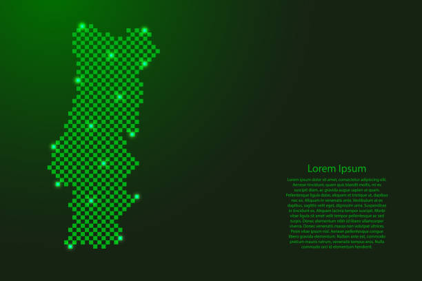 포르투갈 지도는 미래 지향적인 녹색 체크 무늬 정사각형 격자 패턴과 배너, 포스터, 인사말 카드에 빛나는 별을 만듭니다 - chart star shape square shape symbol stock illustrations