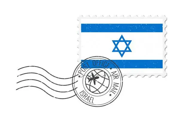 Vector illustration of Israel grunge postage stamp. Vintage postcard vector illustration with Israeli national flag isolated on white background. Retro style.