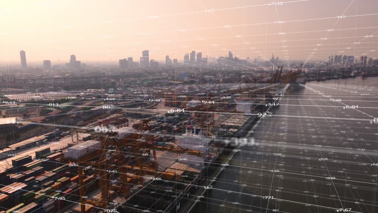 Futuristic Scene Of Commercial Logistic Port With 3D Visualization Of Lines, Digitalization Of Design, Futuristic Of Transportation
