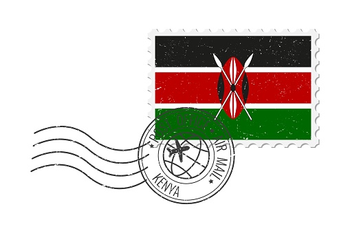 Kenya grunge postage stamp. Vintage postcard vector illustration with Kenyan national flag isolated on white background. Retro style.