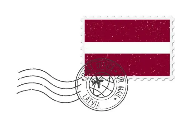 Vector illustration of Latvia grunge postage stamp. Vintage postcard vector illustration with national flag of Latvia isolated on white background. Retro style.