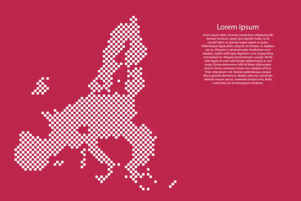 Vector illustration of European Union countries map from checkered white square grid pattern on red viva magenta background