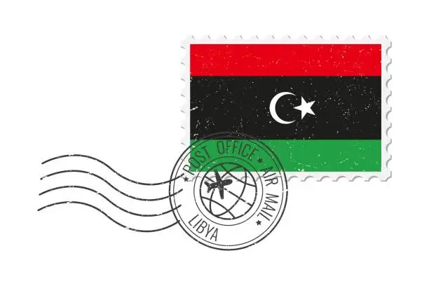 Vector illustration of Libya grunge postage stamp. Vintage postcard vector illustration with Libyan national flag isolated on white background. Retro style.