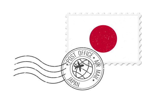 일본 그런지 우표. 빈티지 엽서 벡터 그림은 흰색 배경에 분리된 일본 국기가 있다. 복고풍 스타일. - postage stamp design element mail white background stock illustrations