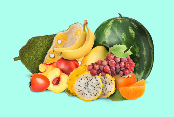 istock Many different fresh fruits on mint color background 1678483963