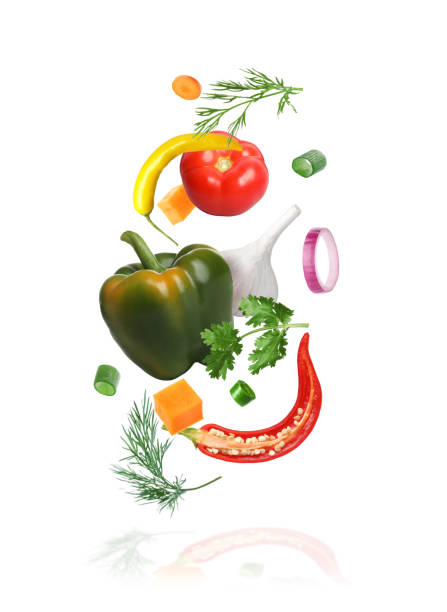 istock Spice mix for dish. Set of falling fresh vegetables and herbs on white background 1678483981