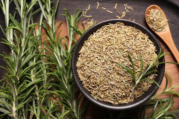istock Dry and fresh rosemary on tray, flat lay 1678486192