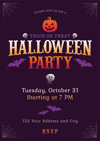 Halloween Party Poster with pumpkin, bat and skull on purple background. Vector illustrations. Stock illustration