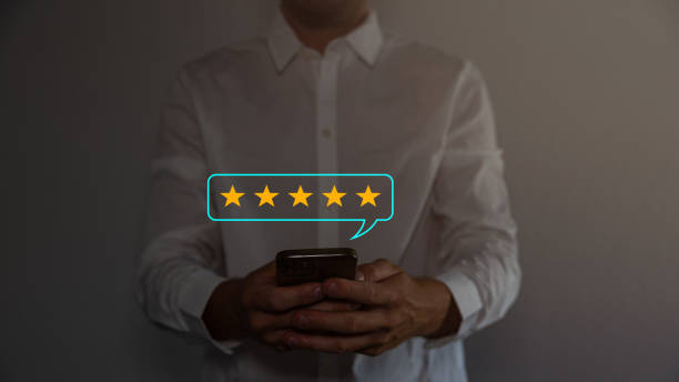 istock Customer pressing satisfaction with gold five star rating feedback icon and press level excellent rank for giving best score point to review the service , experience success business rate concept. 1678516271