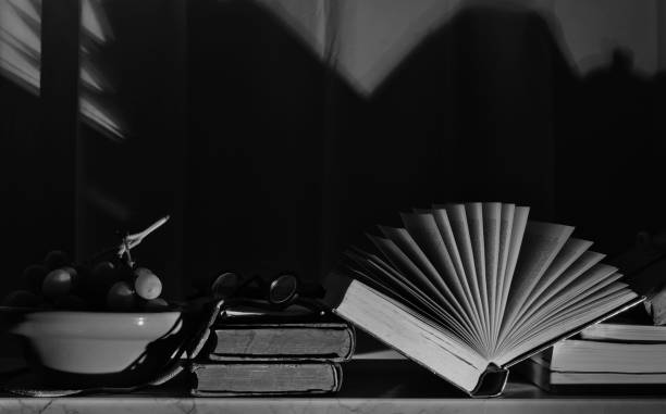 istock Open Book, glasses and a bowl with grapes,reading,education,relaxation,learning concept, black and white, good copy space 1678532814
